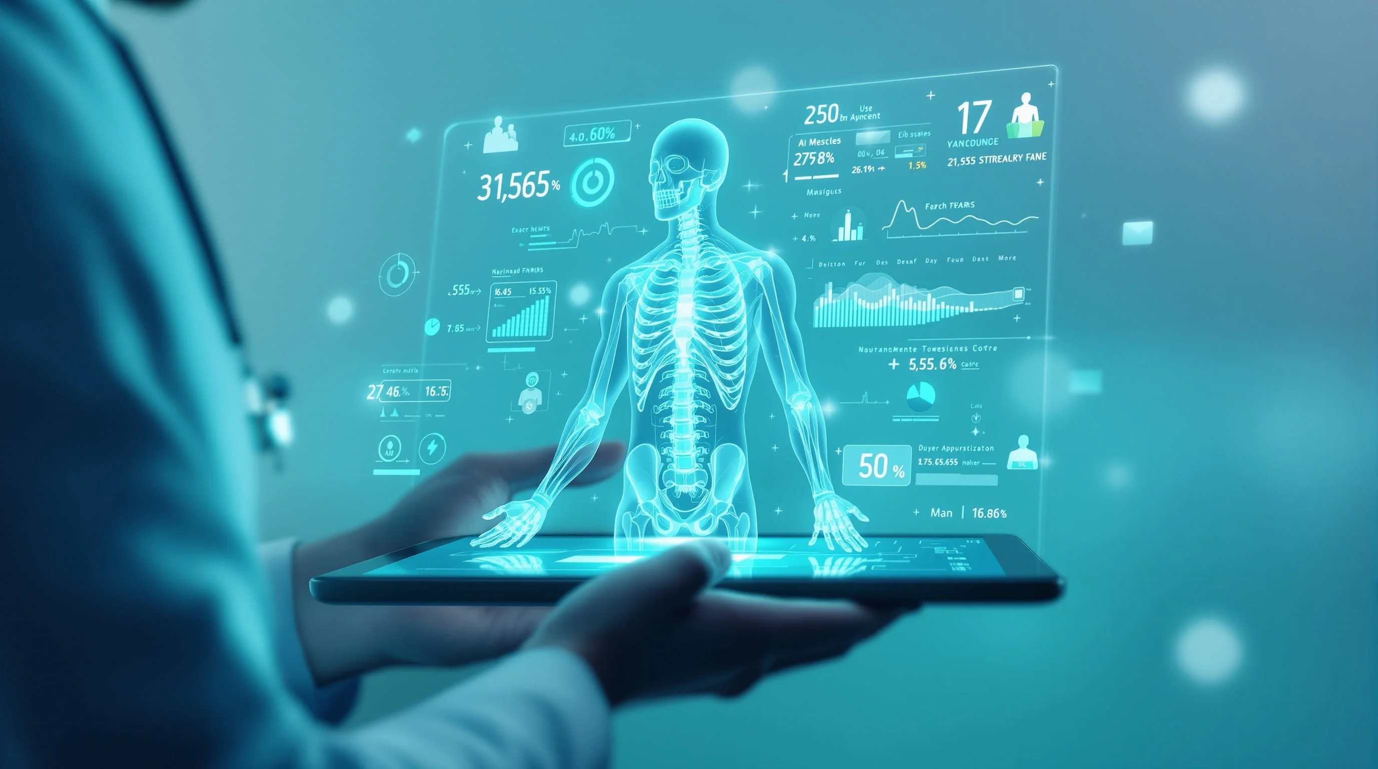 Fisioterapeuta usando interface de IA com análise corporal holográfica